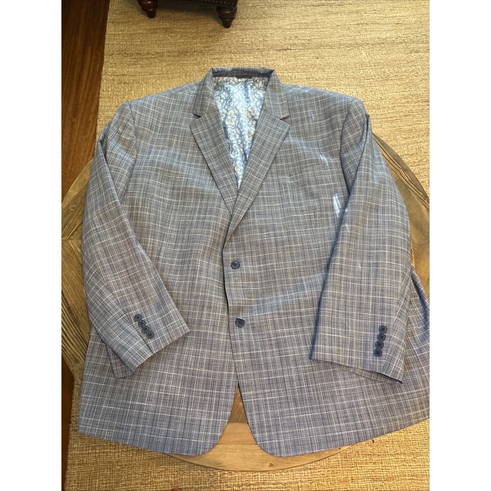Oak Hill Grey  Blue Plaid Mens Sport Coat Blazer Jacket Poly Blend 5XL